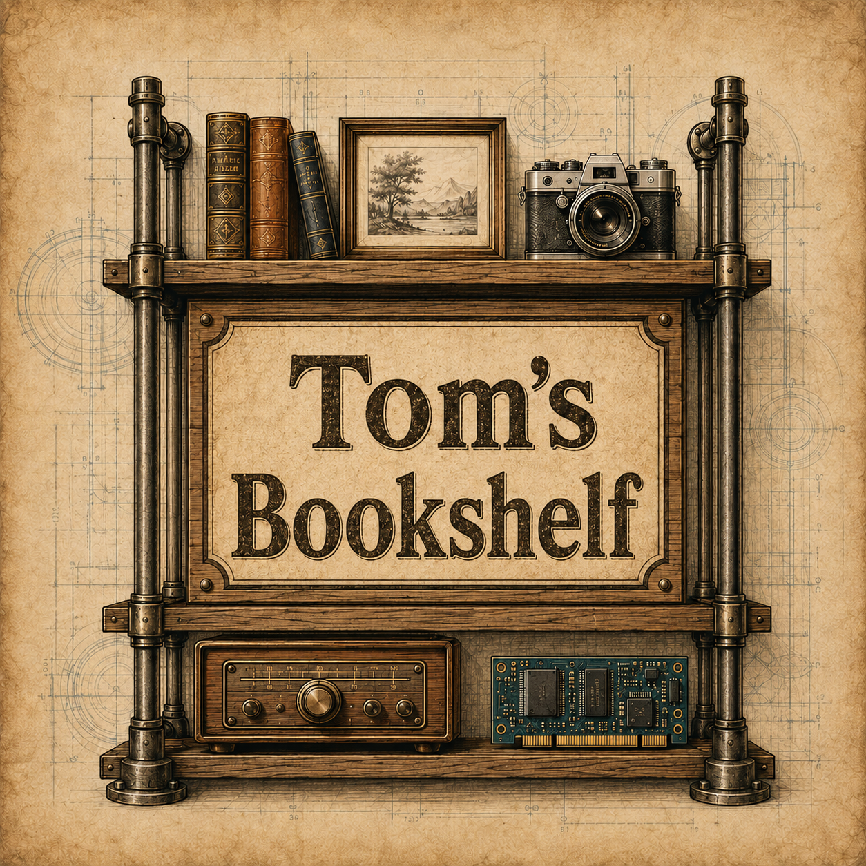 Tom's Bookshelf logo showing a wooden shelf with books and vintage objects